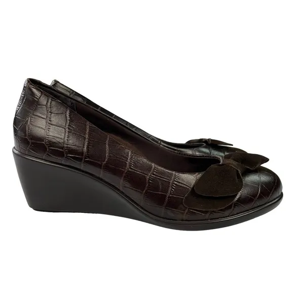 Vionic Lena Croc Embossed Bow Wedge Sandals Womens Brown Size‎ 6.5
