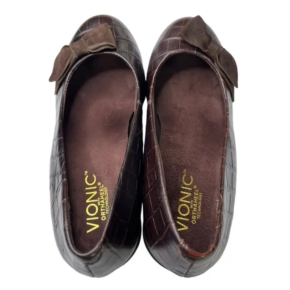 Vionic Lena Croc Embossed Bow Wedge Sandals Womens Brown Size‎ 6.5