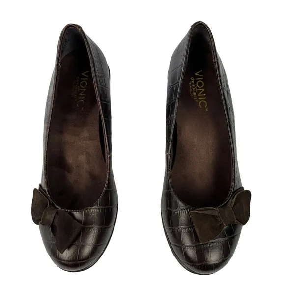 Vionic Lena Croc Embossed Bow Wedge Sandals Womens Brown Size‎ 6.5