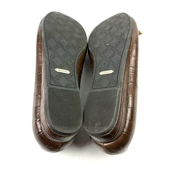 Vionic Lydia Orthaheel Wedge Shoes 7.5 Brown Croc Embossed Slip On Shoes Womens