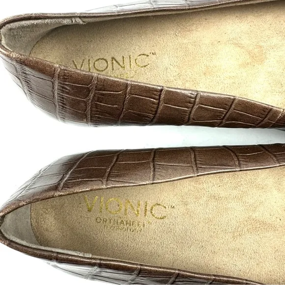 Vionic Lydia Orthaheel Wedge Shoes 7.5 Brown Croc Embossed Slip On Shoes Womens