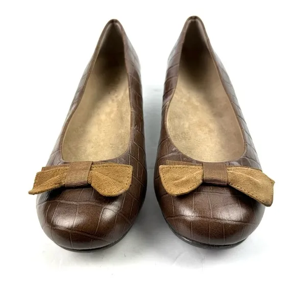 Vionic Lydia Orthaheel Wedge Shoes 7.5 Brown Croc Embossed Slip On Shoes Womens
