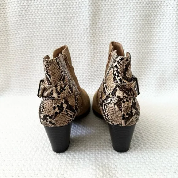 Vionic Naomi Beige Tan Suede Faux Snake Heel Trim Water Resistant Ankle Boots 9