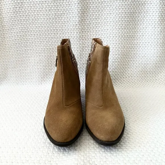 Vionic Naomi Beige Tan Suede Faux Snake Heel Trim Water Resistant Ankle Boots 9