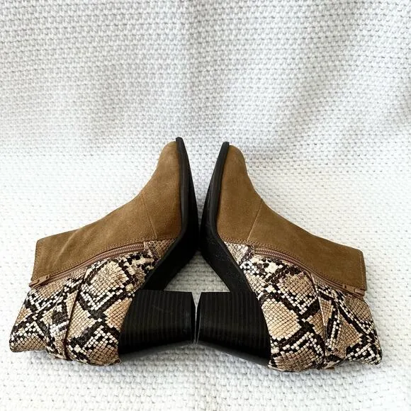Vionic Naomi Beige Tan Suede Faux Snake Heel Trim Water Resistant Ankle Boots 9