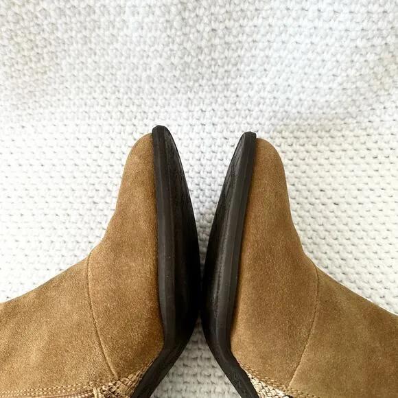 Vionic Naomi Beige Tan Suede Faux Snake Heel Trim Water Resistant Ankle Boots 9