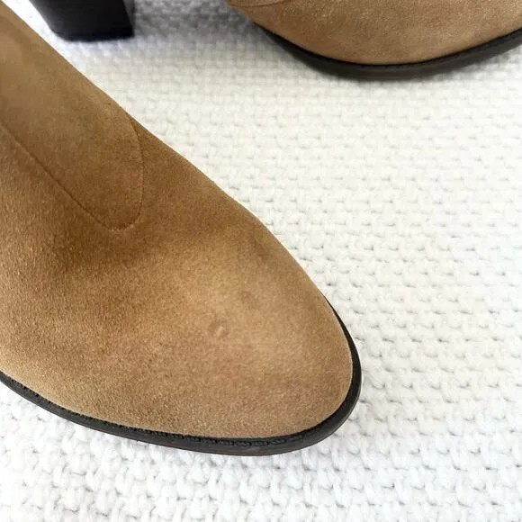 Vionic Naomi Beige Tan Suede Faux Snake Heel Trim Water Resistant Ankle Boots 9