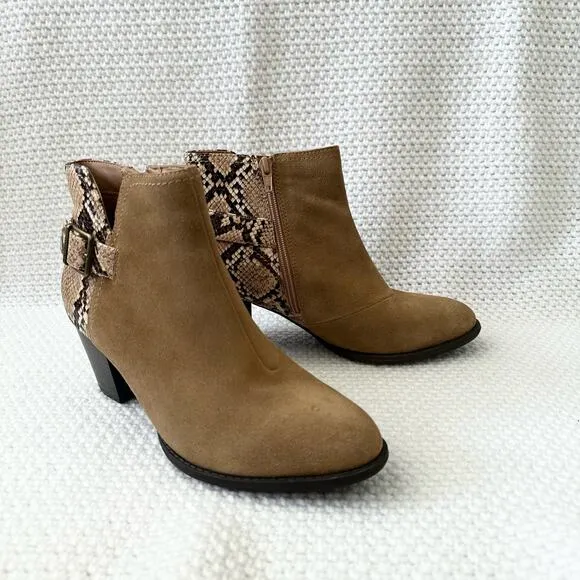 Vionic Naomi Beige Tan Suede Faux Snake Heel Trim Water Resistant Ankle Boots 9