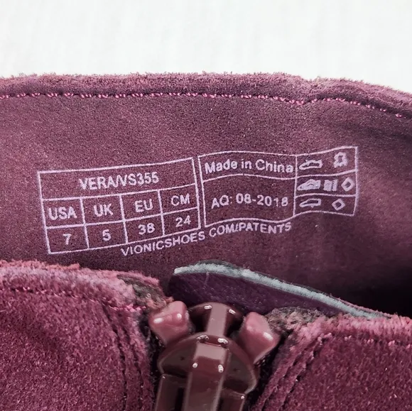 Vionic Vera Size 7 Suede Ankle Boots Water Resistant Wine Burgundy Color