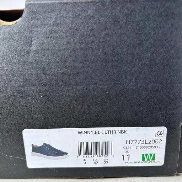 Vionic Winny Lace Up Leather Casual Sneakers Black Nappa Women 11 Wide NWB