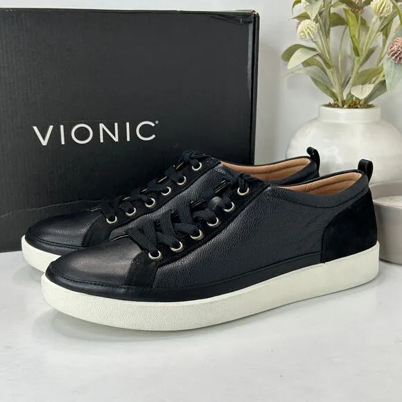 Vionic Winny Lace Up Leather Casual Sneakers Black Nappa Women 11 Wide NWB