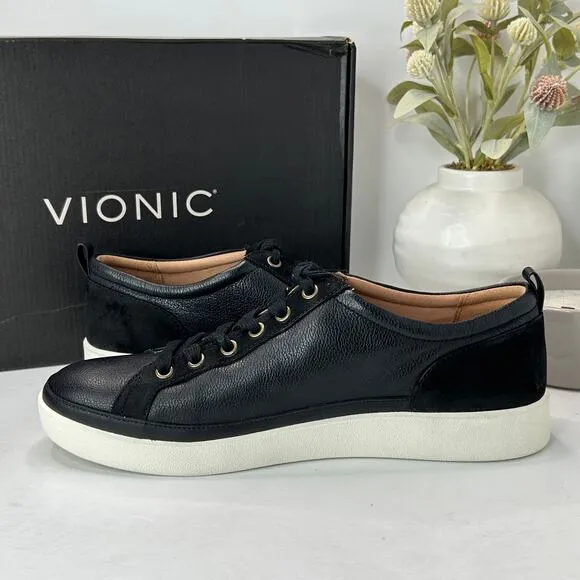 Vionic Winny Lace Up Leather Casual Sneakers Black Nappa Women 11 Wide NWB