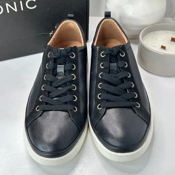 Vionic Winny Lace Up Leather Casual Sneakers Black Nappa Women 11 Wide NWB