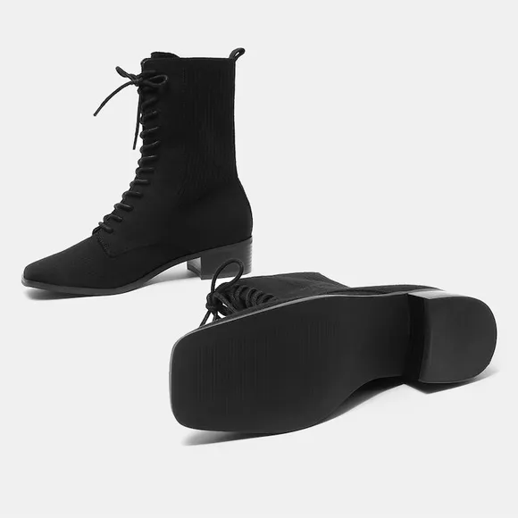 VIVAIA Square-Toe Lace-Up Boots (Choose One Size Up) EU/ 38‎ US/7,7.5