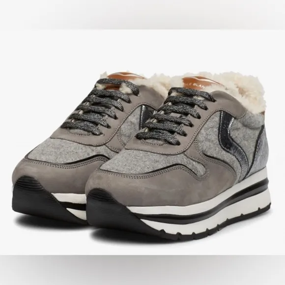 VOILE BLANCHE MAY FUR SNEAKERS IN LEATHER AND FELT GREY-SILVER