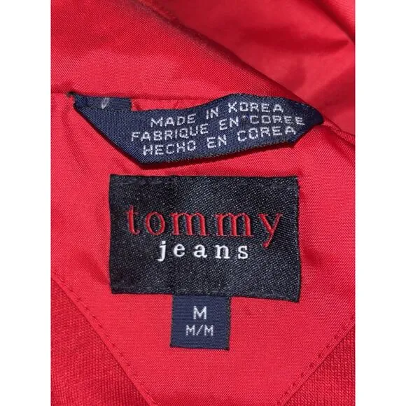 VTG Women’s Tommy Jeans Windbreaker Medium Red Hidden Hood 90’s Y2K Streetwear