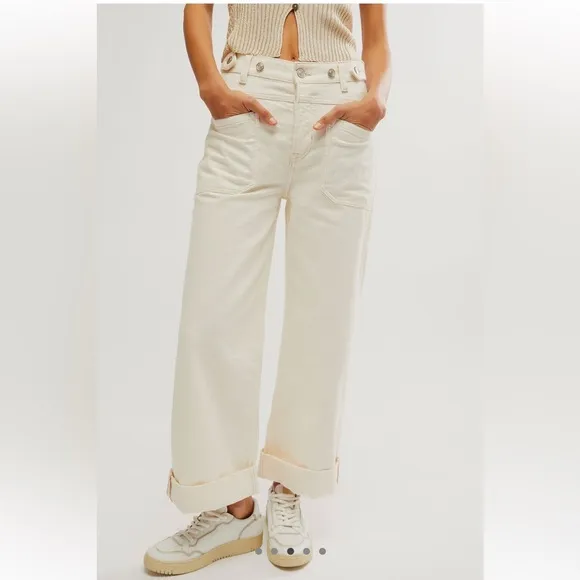 WE THE FREE FREE PEOPLE PALMER CUFFED JEANS IN EGGSHELL NEW Size 24