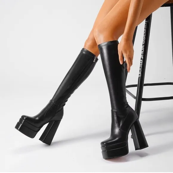 wetkiss Stacked Platform Knee High Boots for Women With High Chunky Heel Gogo 8
