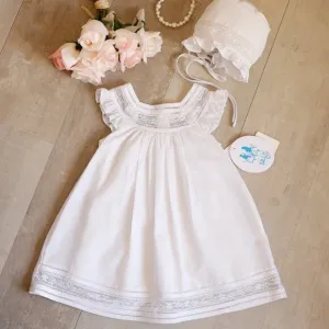 White Heirloom Dress &amp; Bonnet Set Flutter Sleeve Lace Inlay Boutique 6 Month NWT