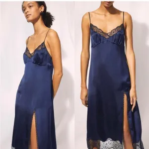 Wilfred Ophelia Navy Lace Trim Midi Length Slip Dress 20s Dark Romance sz Small