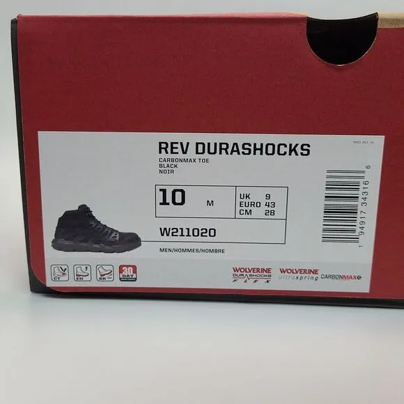 Wolverine Work Boots Rev Ultraspring DuraShocks Mens 10M Black CarbonMax Toe‎