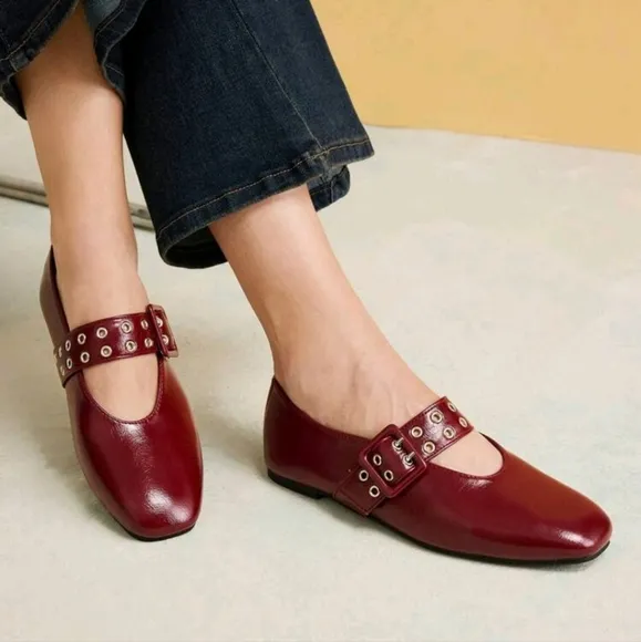 WOMEN RETRO BURGUNDY MARY JANE FLAT SHOES,SUITABLE FOR ALL SEASONS