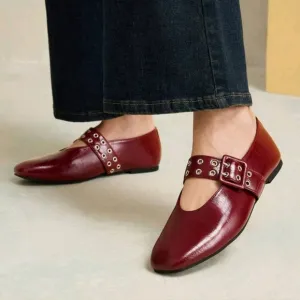 WOMEN RETRO BURGUNDY MARY JANE FLAT SHOES,SUITABLE FOR ALL SEASONS