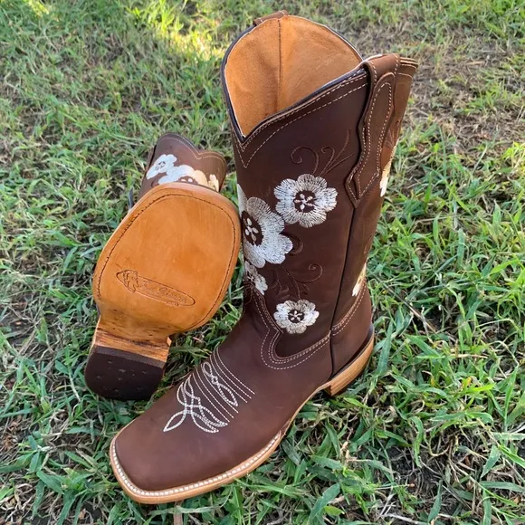 WOMEN RODEO Western COWGIRL Square Toe Brown BOOTS GENUINE LEATHER Botas Vaquera