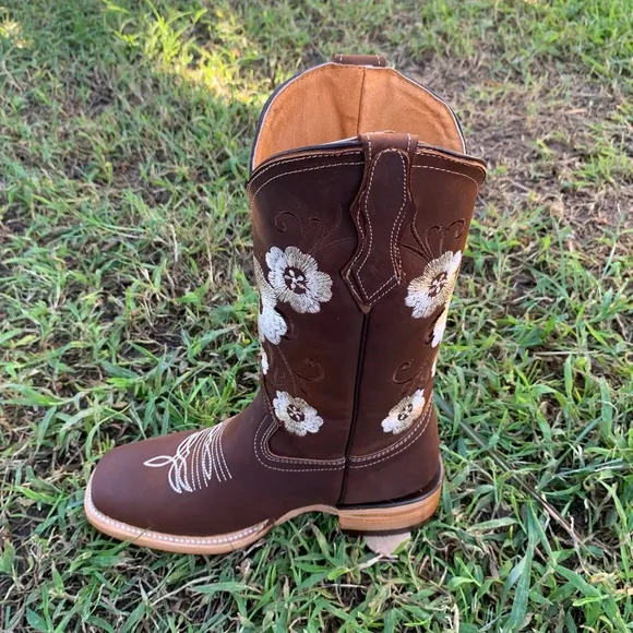 WOMEN RODEO Western COWGIRL Square Toe Brown BOOTS GENUINE LEATHER Botas Vaquera
