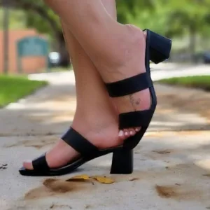 Women's Black Square Sole‎ Double Strap Chunky Heel Sandals