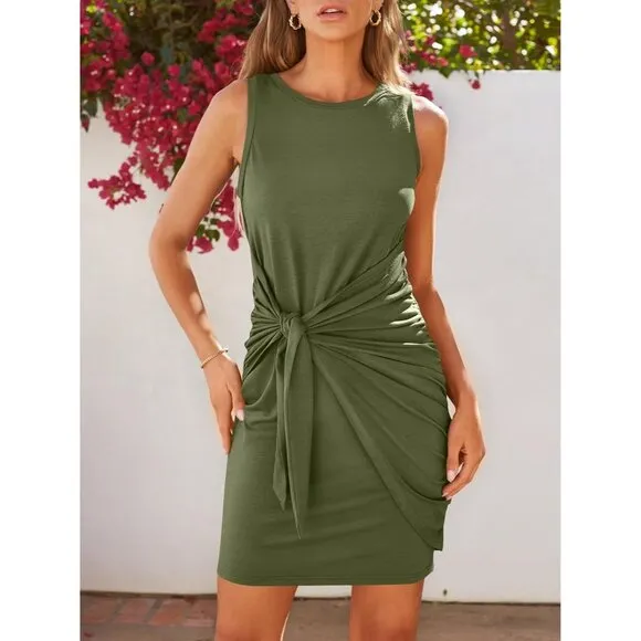 Women's Green Casual Sleeveless Bodycon Beach Tank Ruched Mini Dress