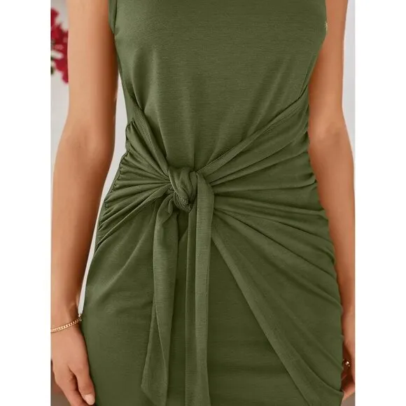 Women's Green Casual Sleeveless Bodycon Beach Tank Ruched Mini Dress
