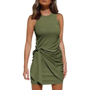 Women's Green Casual Sleeveless Bodycon Beach Tank Ruched Mini Dress
