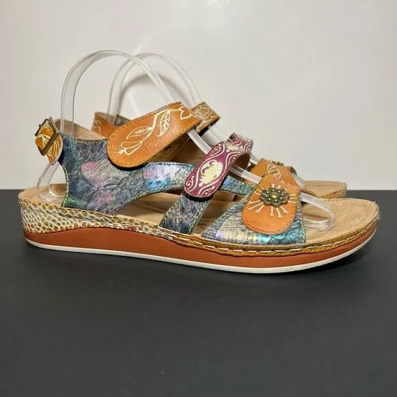 Womens L’ARTISTE Spring Step SUMACAH Hand Painted Leather Sandals / Size 9.5-10