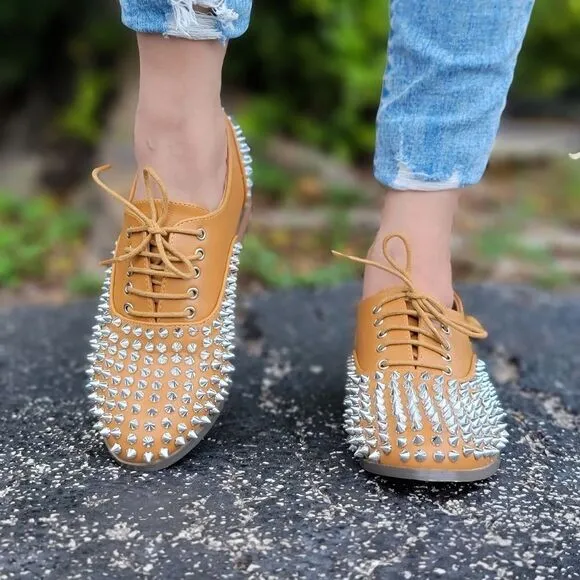 Women's Tan Silver Studded Lace Up Flat Oxford Shoes