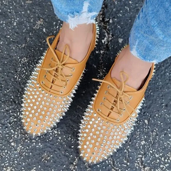 Women's Tan Silver Studded Lace Up Flat Oxford Shoes