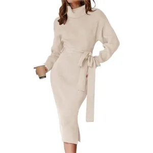 Women's Turtleneck Sweater Midi Dress Long Sleeve Ribbed Knit Bodycon Slit Dress