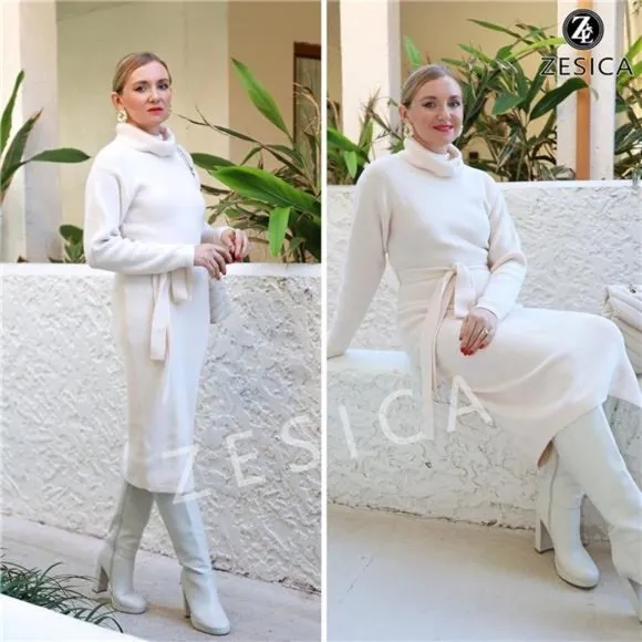 Women's Turtleneck Sweater Midi Dress Long Sleeve Ribbed Knit Bodycon Slit Dress