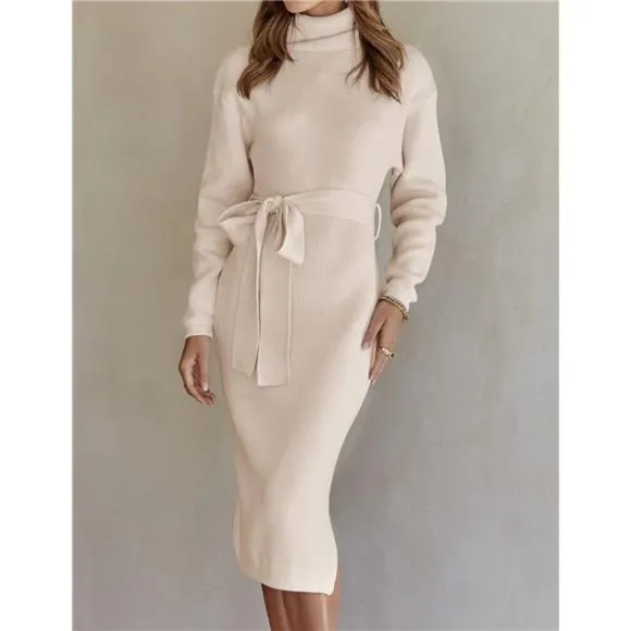 Women's Turtleneck Sweater Midi Dress Long Sleeve Ribbed Knit Bodycon Slit Dress