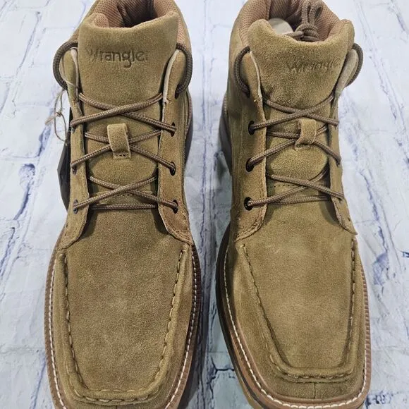 Wrangler MENS SZ 11 W Boots Leather Lace 4&quot; Square Sand KMC0009 Slip Resistant