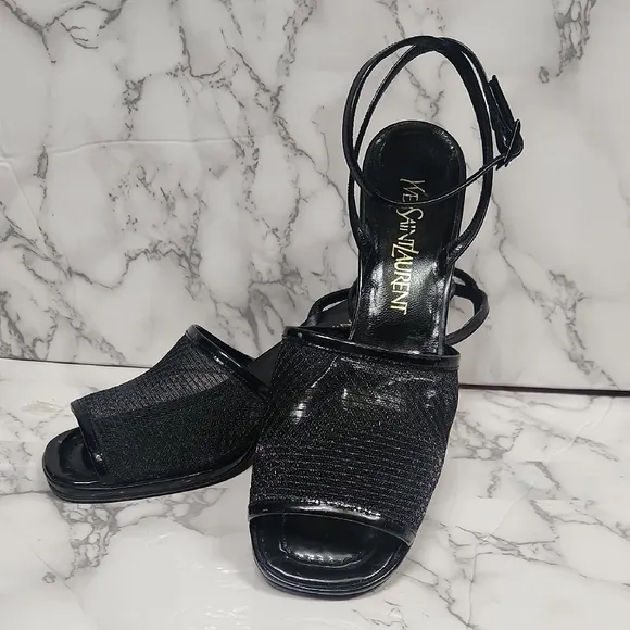YSL YVES SAINT LAURANT Black Patent    Leather Wedge Sandals
