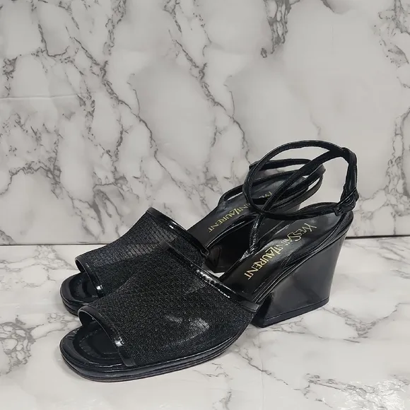 YSL YVES SAINT LAURANT Black Patent    Leather Wedge Sandals