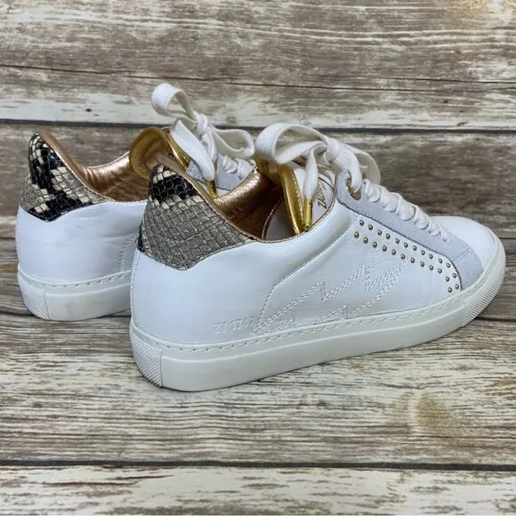 Zadig &amp; Voltaire size 6 Back Wild Sneakers in Blanc studded gold reptile detail