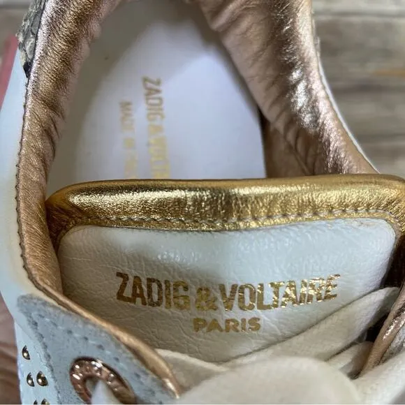 Zadig &amp; Voltaire size 6 Back Wild Sneakers in Blanc studded gold reptile detail