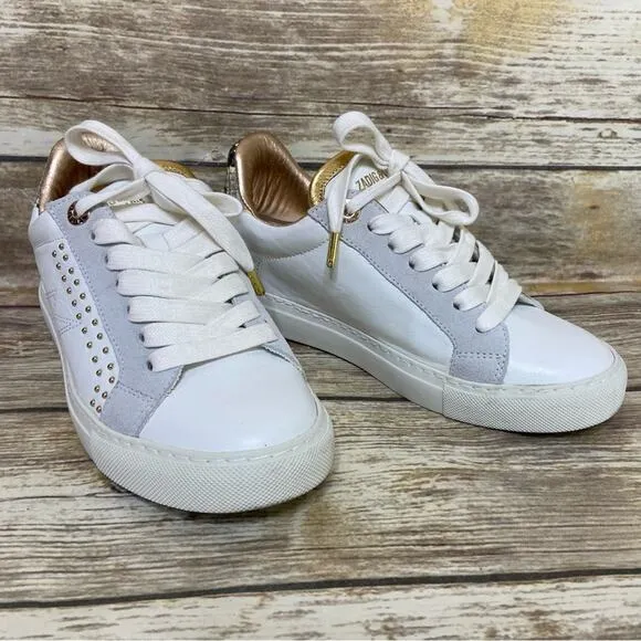 Zadig &amp; Voltaire size 6 Back Wild Sneakers in Blanc studded gold reptile detail