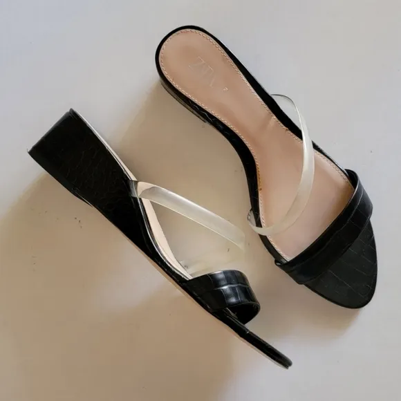 ZARA Embossed Clear strap slip on wedge Mule sandals Size 39 (Size 8.5/9)