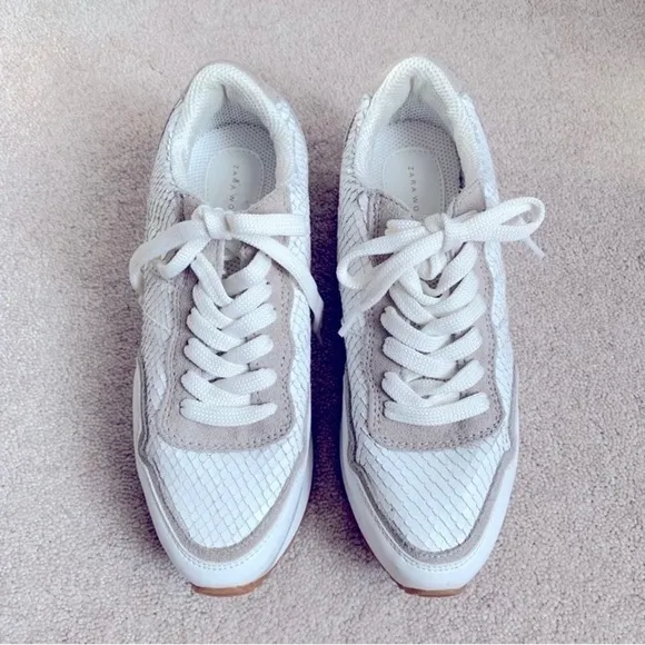 Zara White &amp; Taupe Textured Athletic Running Sneakers