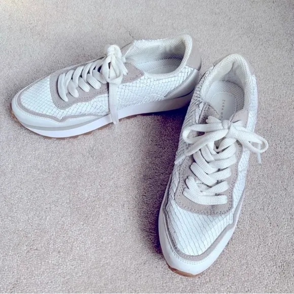 Zara White &amp; Taupe Textured Athletic Running Sneakers