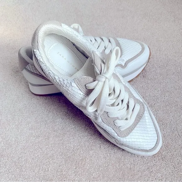 Zara White &amp; Taupe Textured Athletic Running Sneakers