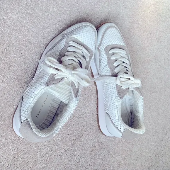 Zara White &amp; Taupe Textured Athletic Running Sneakers